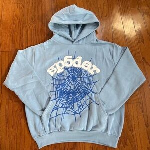 Men's Light Blue Crewneck Hoodie with Blue Spiderweb Graphic